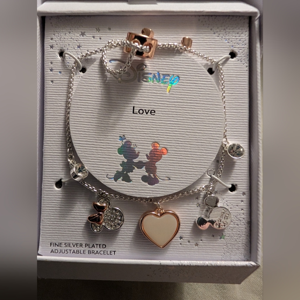Disney Minnie Mickey Mouse Made For Each Other Pendant Fine Silver Bracelet